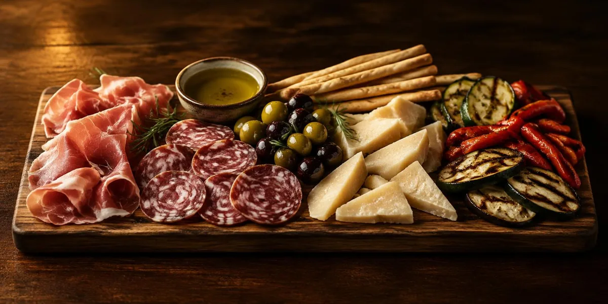 Antipastibrett mit Prosciutto, Salami, Käse, Oliven, Grillgemüse und Grissini