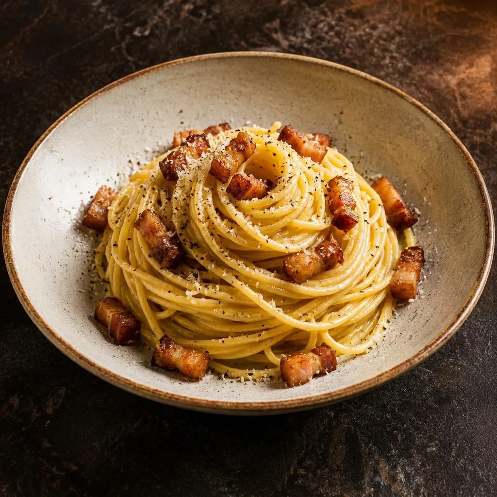 Spaghetti Carbonara mit Guanciale, Pecorino und schwarzem Pfeffer