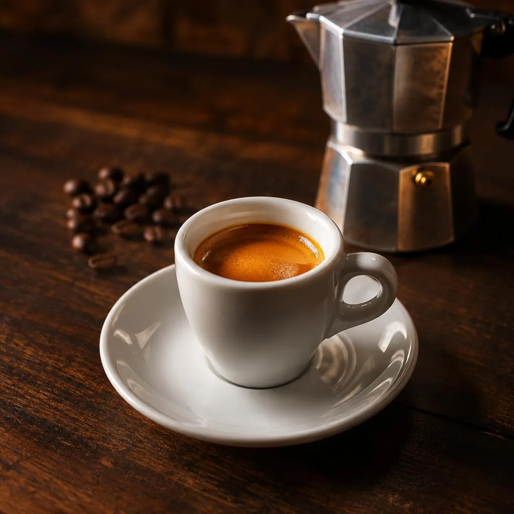 Espresso mit goldener Crema in einer weißen Tasse neben einer Mokkakanne